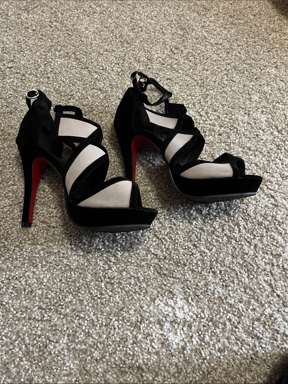 Black and Cream Strappy Platform Stiletto Heels with Red Sole
